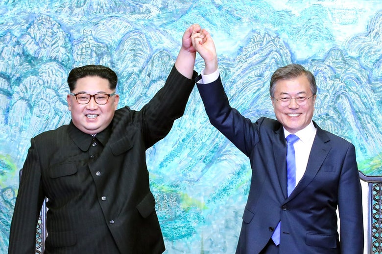 North Korean leader Kim Jong Un (L) and South Korean President Moon Jae-in (R) after signing the Panmunjom Declaration for Peace, Prosperity and Unification of the Korean Peninsula on April 27, 2018 in Panmunjom, South Korea.